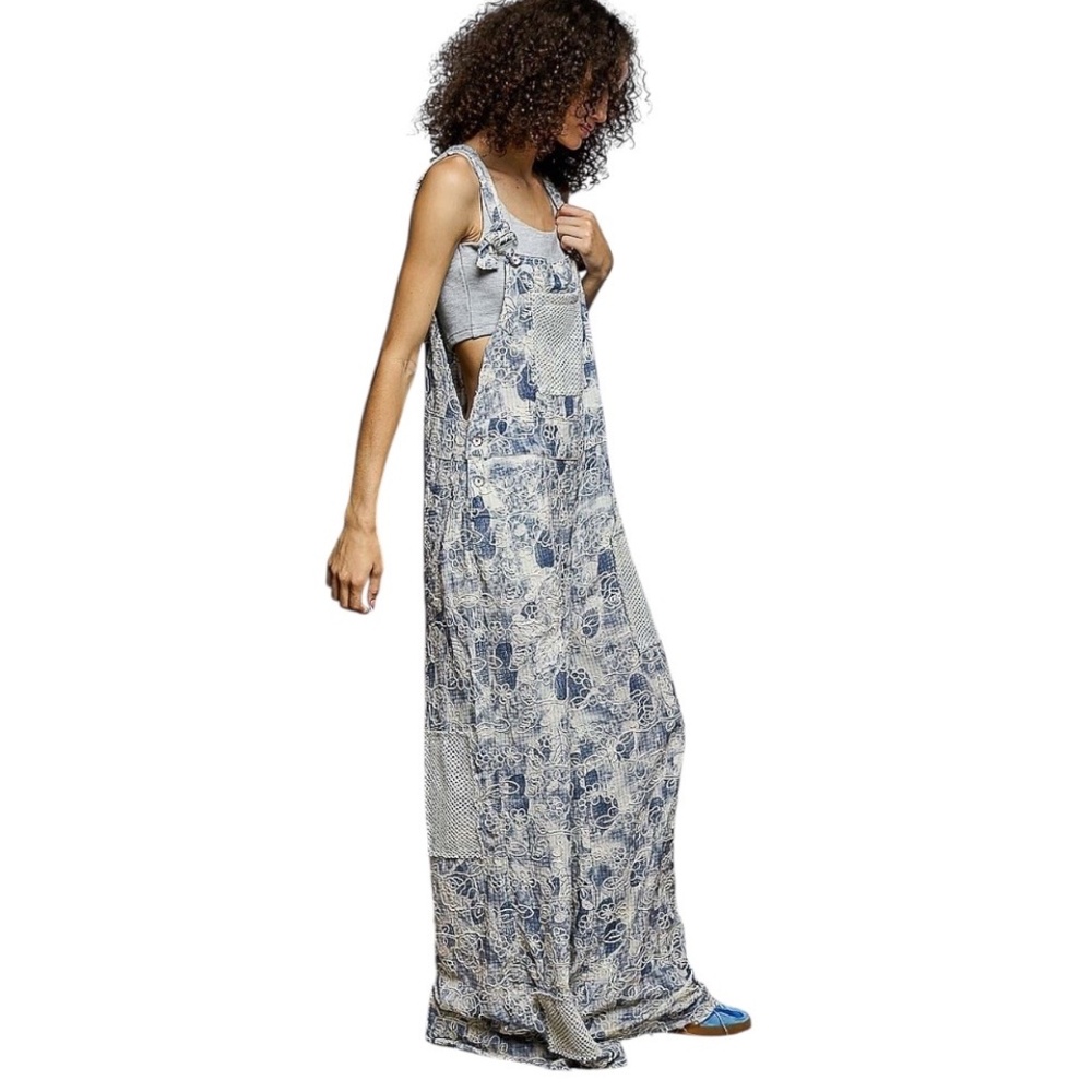 POL Boho Blue and Cream Wide Leg Embroidered Patchwork Jumpsuit Overalls